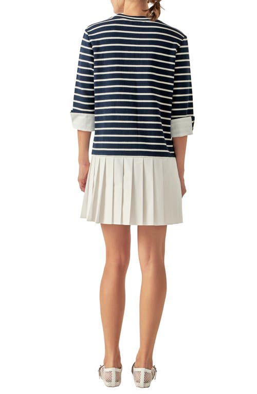 English Factory Mix Media Stripe Pleated Minidress In Blue