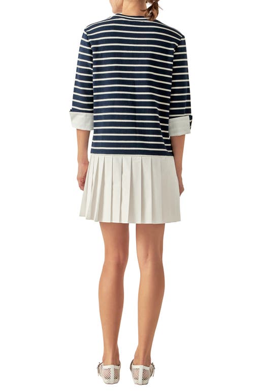 Shop English Factory Mix Media Stripe Pleated Minidress In Navy/white