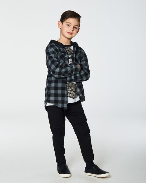 Shop Deux Par Deux Little Boy's Polar Fleece Shirt With Hood Black Plaid In Plaid Grey & Black