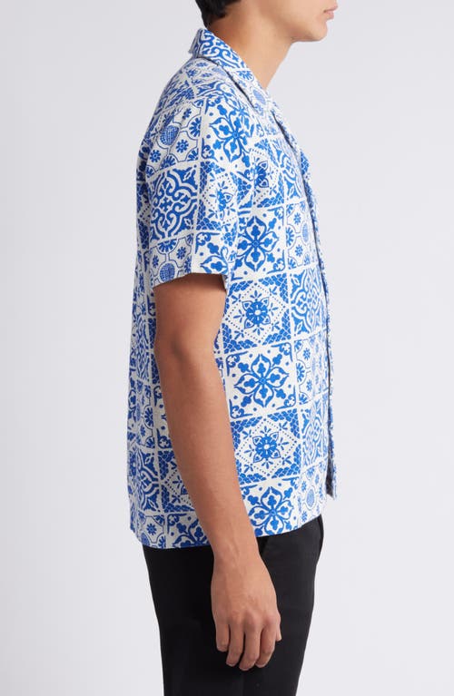 Shop Les Deux Tile Print Cotton Camp Shirt In Light Ivory/surf Blue