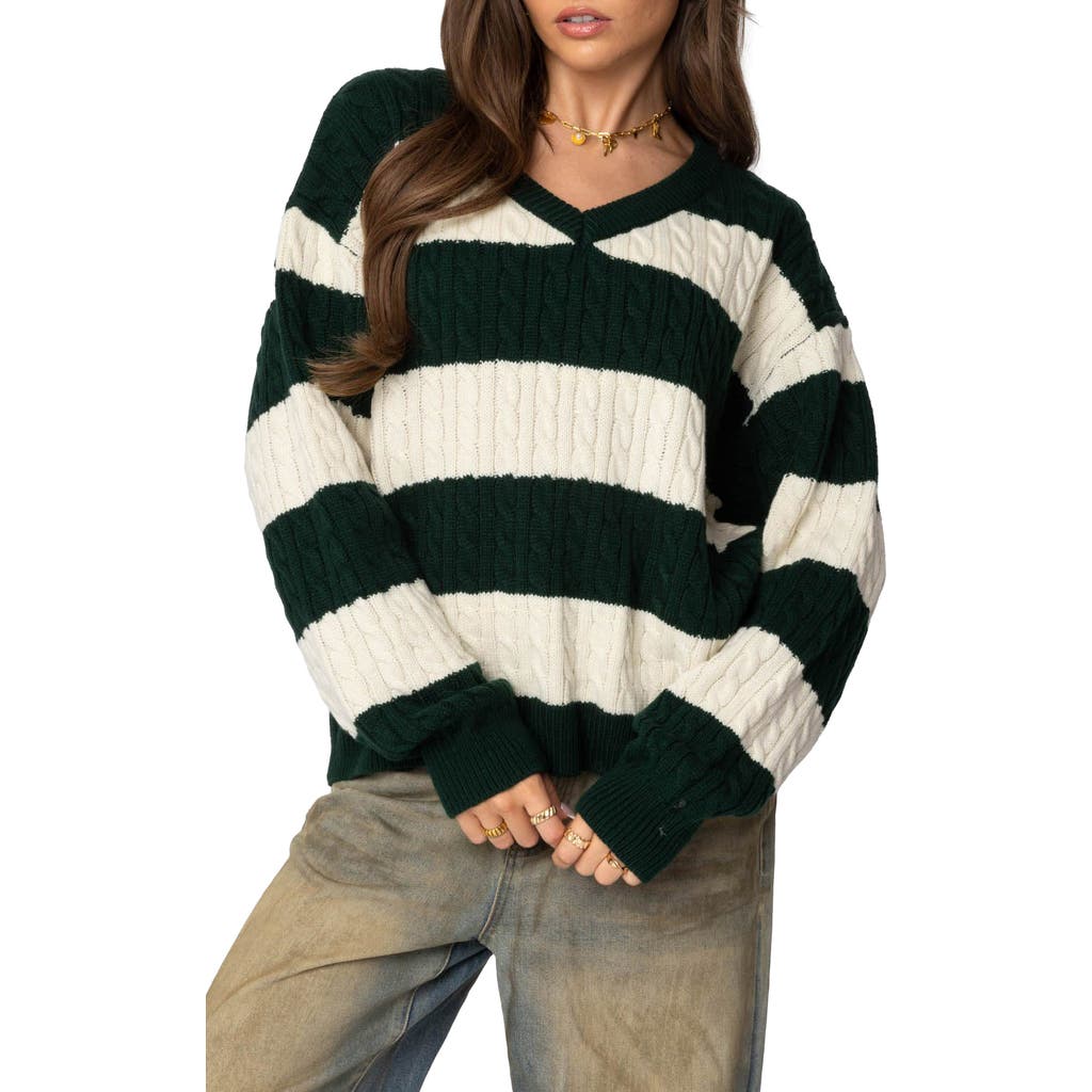 Shop Edikted Stripe Oversized Cable Knit Sweater In Green