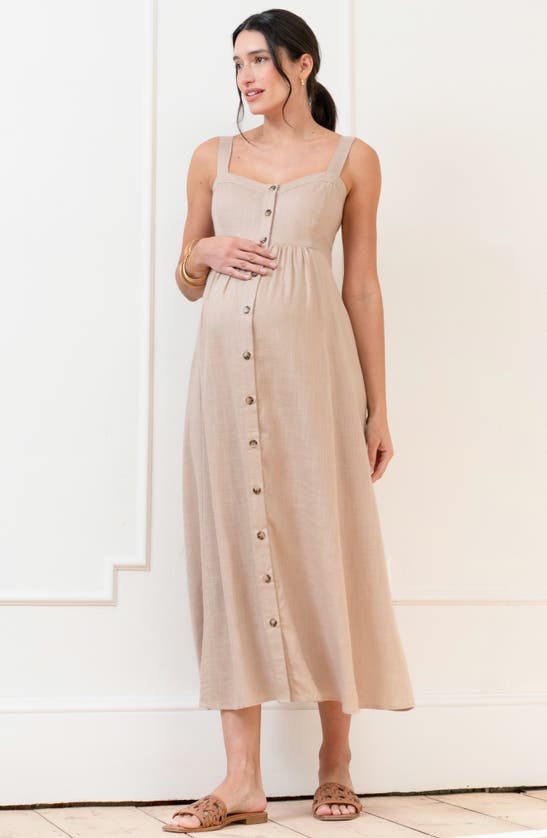 Shop Seraphine Button Front Maternity/nursing Midi Sundress In Taupe