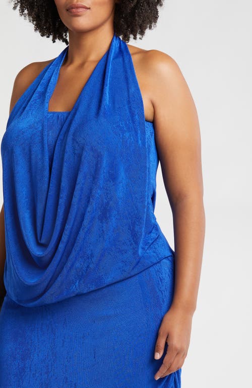 24seven Comfort Apparel Cowl Neck Asymmetric Hem Stretch Dress In Blue