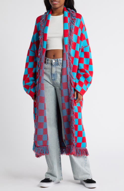 Dressed in Lala Luxe Fringe Blanket Cardigan in Red/Blue 