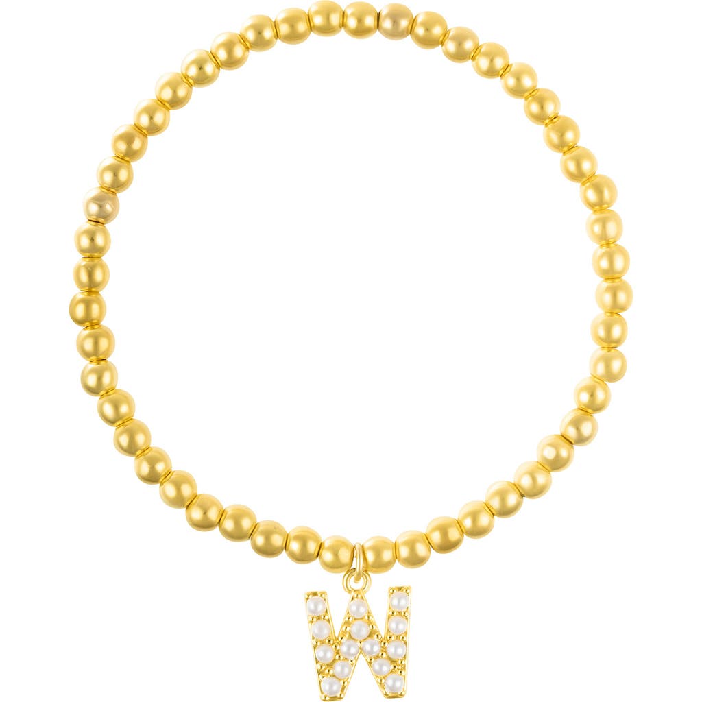 Adornia Faux Pearl Initial Charm Beaded Bracelet In Gold White-w