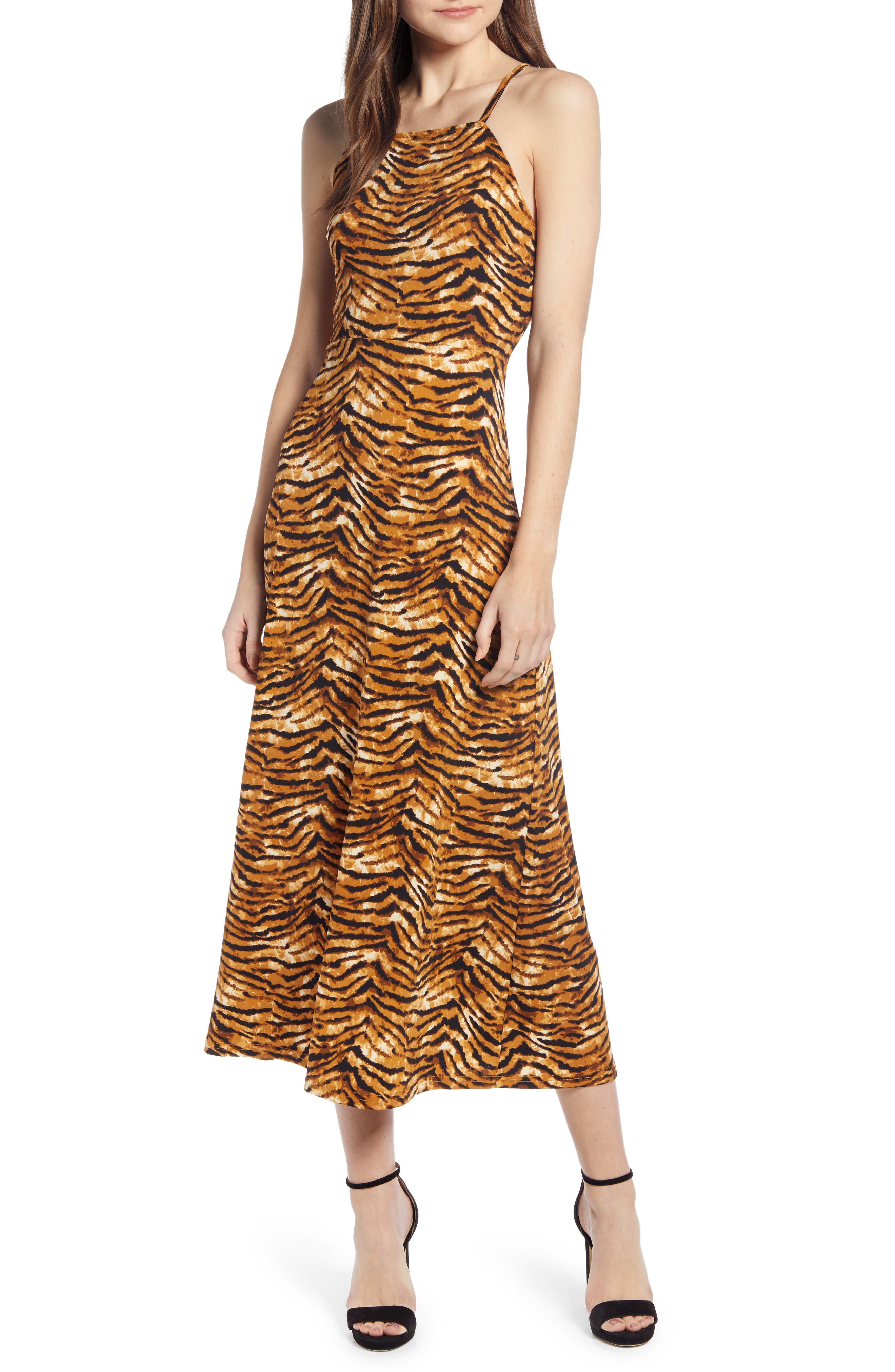 J.o.a. Cheetah Print Lace-Up Back Midi Dress, Brown