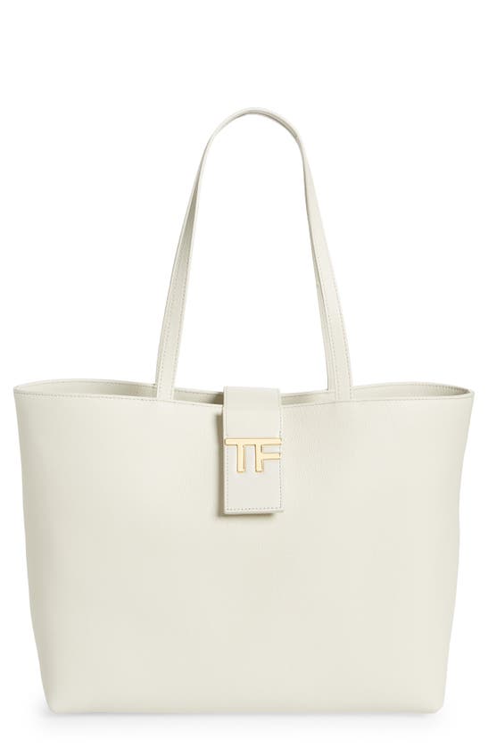 Tom Ford Small East/west Grained Leather Tote In Chalk