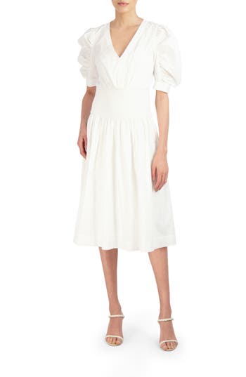 Shop Bcbgmaxazria Smock Waist Stretch Cotton Midi Dress In Off White