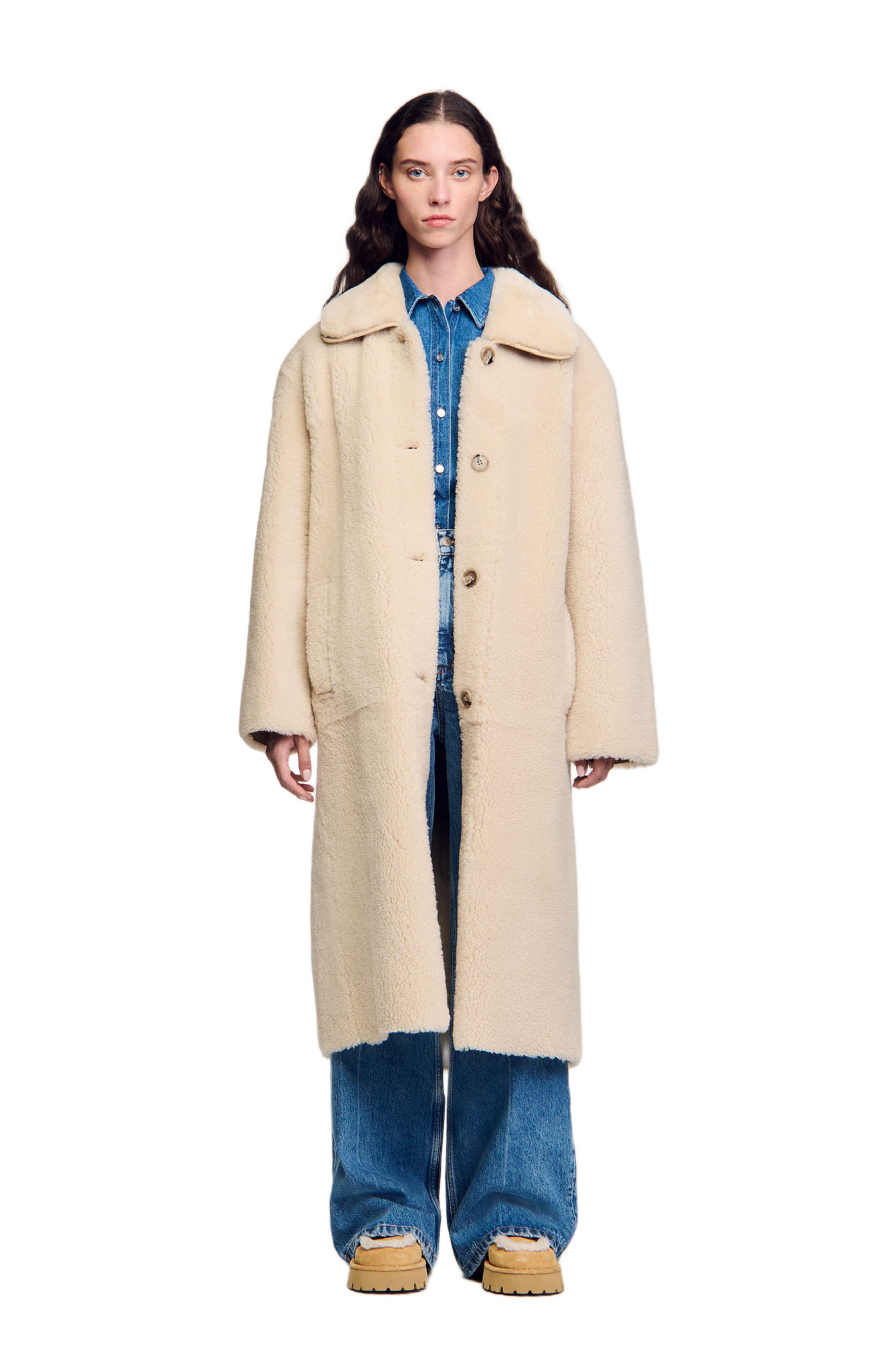 SANDRO Shearling coat in Ecru 