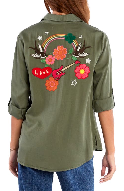 Billy T Birds Of A Feather Embroidered Denim Button-up Shirt In Soft Olive