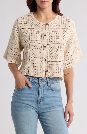Forgotten Grace Crochet Short Sleeve Button-up Top In Natural