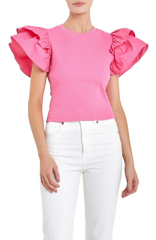 Shop English Factory Mix Media Ruffle Sleeve Cotton Rib Top In Pink