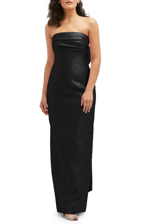 Angelique Satin Strapless Fold Over Maxi Dress in Black