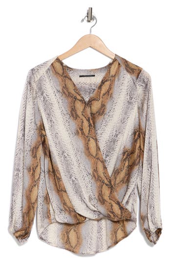 T Tahari Long Sleeve Faux Wrap Blouse In Golden Pearl Snake