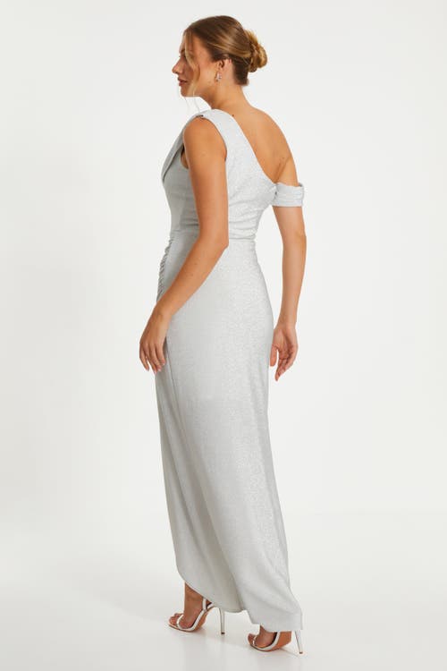Quiz Stretch Shimmer Cowl Wrap Maxi Dress In Silver