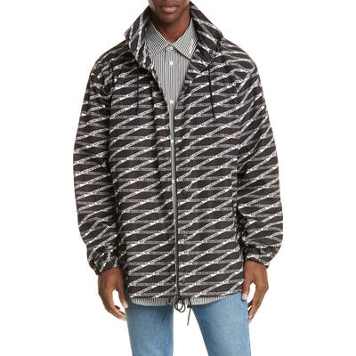 Balenciaga Logo Graphic Hooded Rain Jacket, Grey