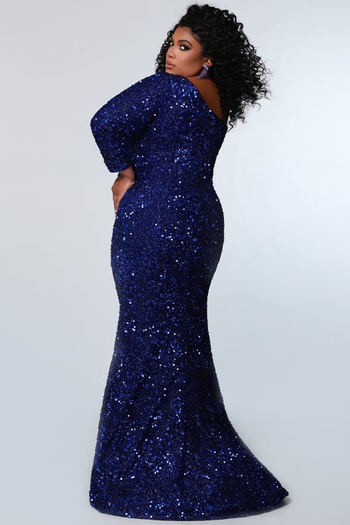 Sydney's Closet Asymmetric Sequin Formal Dress In Sapphire In Sapphire