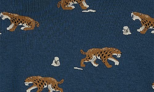 Shop Petit Lem Kids' Saber-tooth Tiger Print Fitted Organic Cotton Two-piece Pajamas In Blue