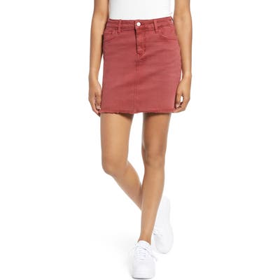 Made In Blue Denim Fray Hem Miniskirt, Red