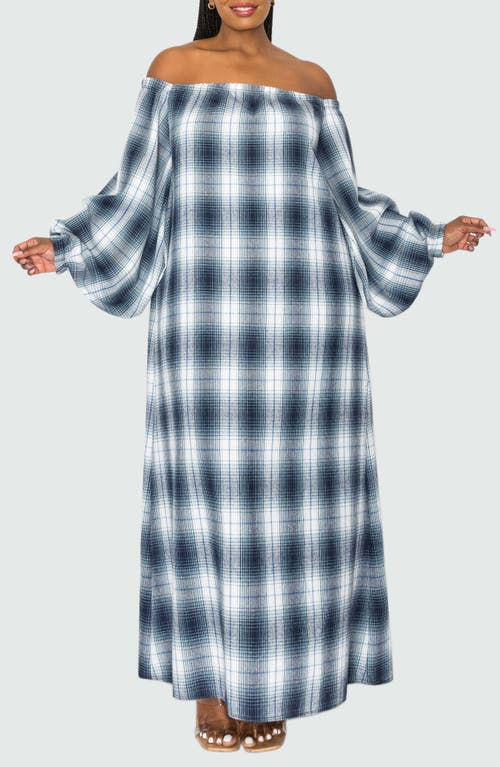 L I V D Zoe Plaid Long Sleeve Off The Shoulder Maxi Dress In Navy