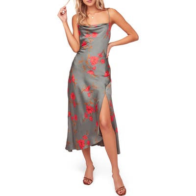 Astr The Label Gaia Strappy Bias Cut Satin Midi Dress, Grey