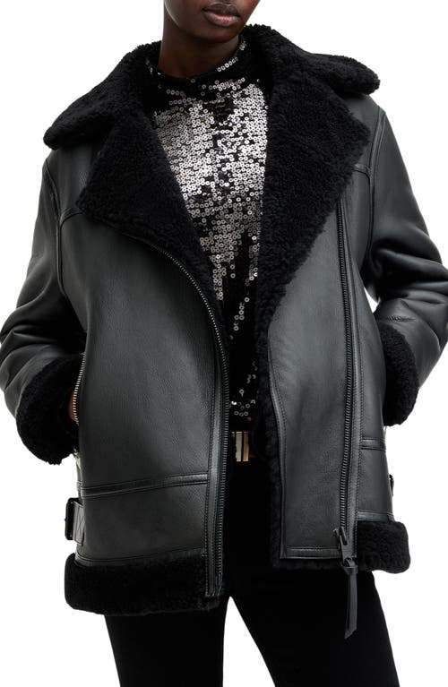 Shop Allsaints Sola Oversize Genuine Shearling Biker Jacket In Black