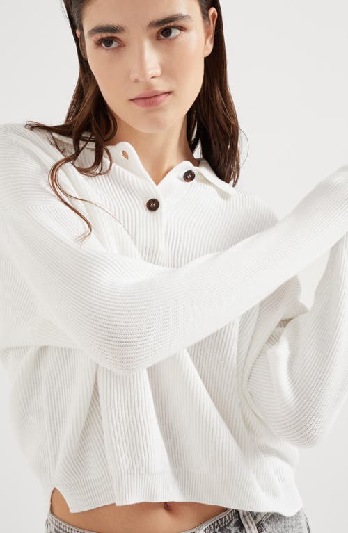 Shop Brunello Cucinelli Cotton English Rib Polo-style Sweater With Monili In White