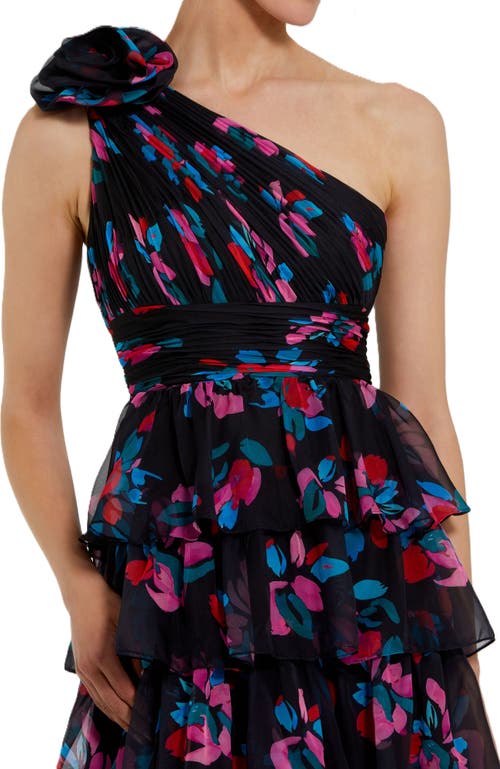 Mac Duggal One Shoulder Printed Chiffon Tiered Ruffle Gown In Black Multi