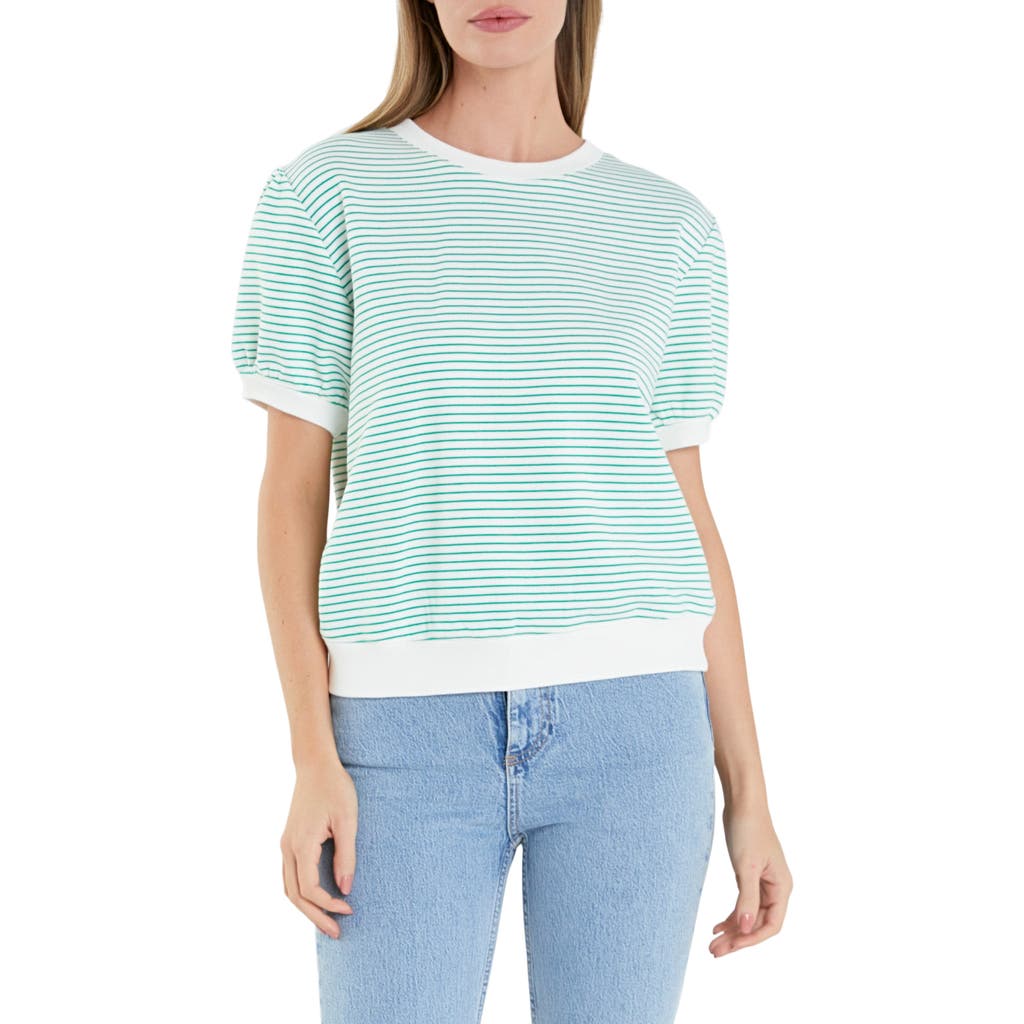 English Factory Stripe Puff Sleeve French Terry Top In Green