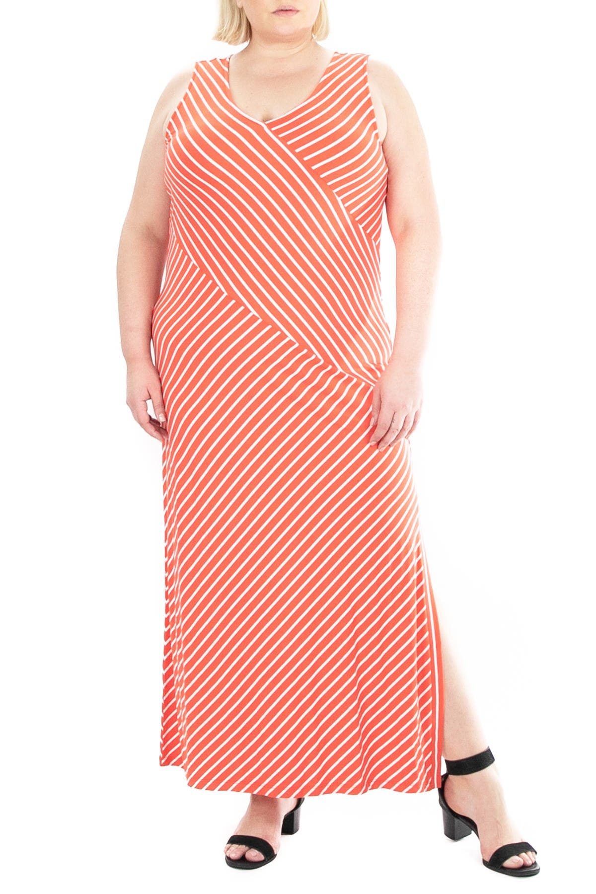Nina Leonard V-neck Stripe Print Maxi Dress In Dark Pink6