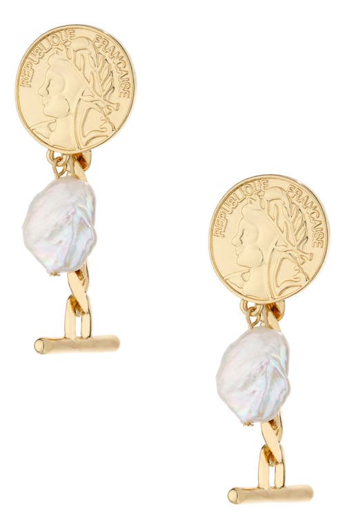 Ettika Coin Freshwater Pearl Drop Earrings in Gold