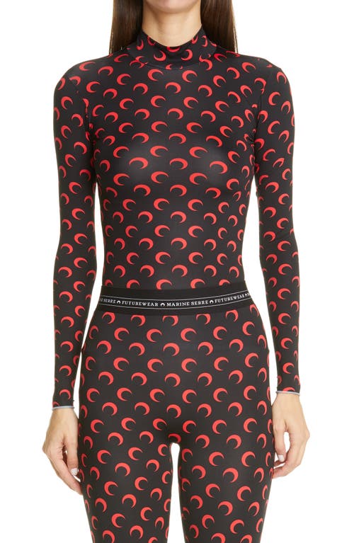 Marine Serre Fitted Moon Print Mock Neck Top in Black With Red Print