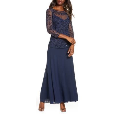 Pisarro Nights Beaded Mesh Mock Two-Piece Gown