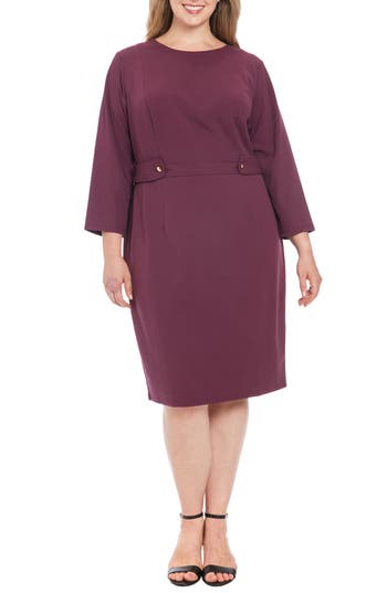 London Times Plus Size 3/4-sleeve Tab-waist Sheath Dress In Eggplant