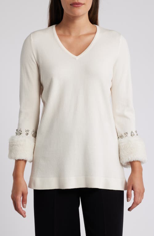 Shop Anne Klein Crystal & Faux Fur Trim Tunic Sweater In Anne White