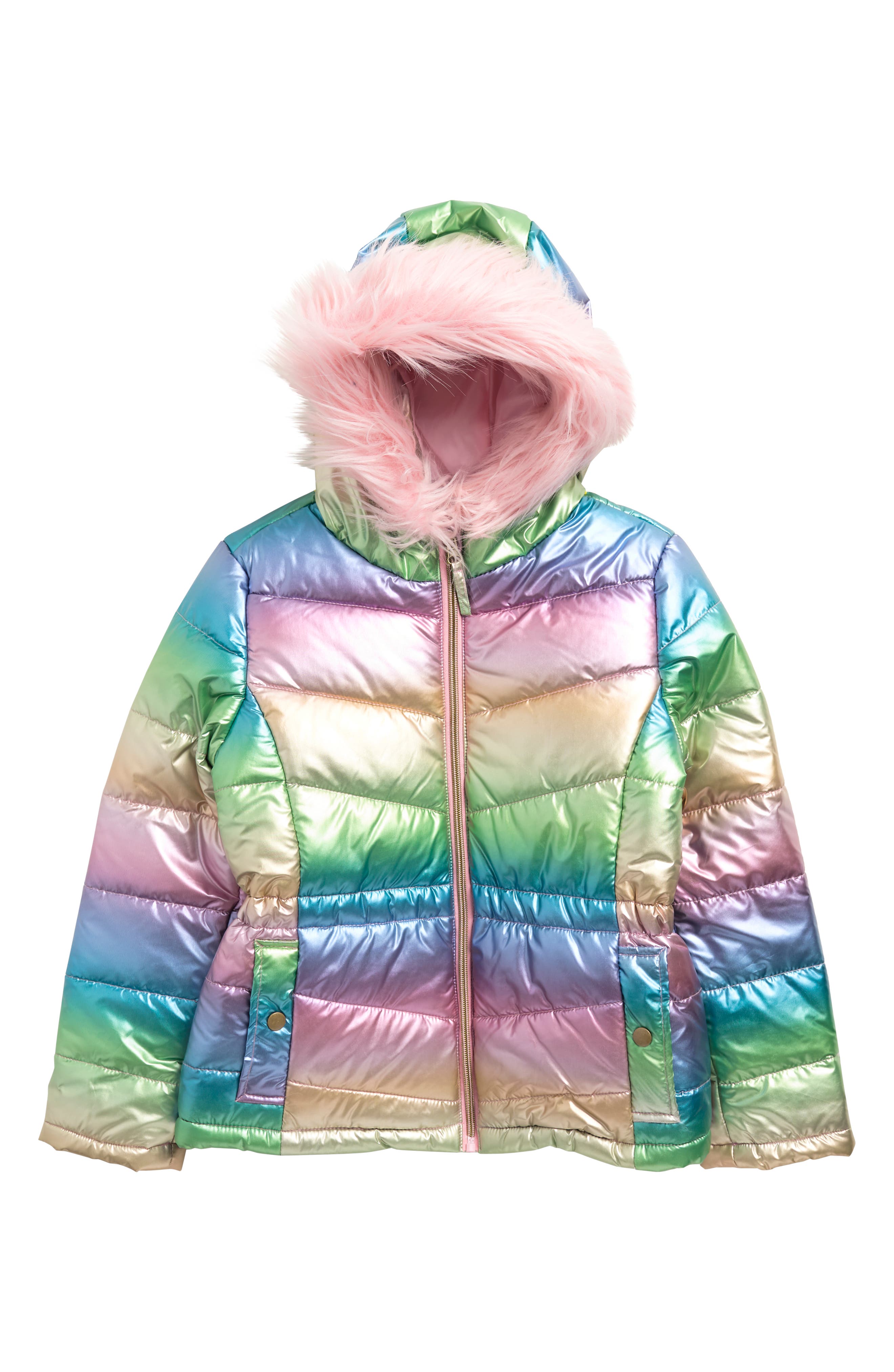 metallic rainbow puffer jacket