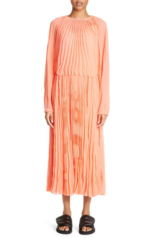 PARTOW Coraline Semisheer Long Sleeve Plissé Midi Dress in Peach