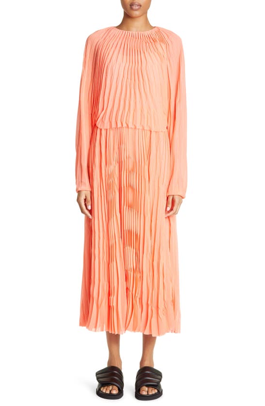 Partow Coraline Semisheer Long Sleeve Plissé Midi Dress In Orange