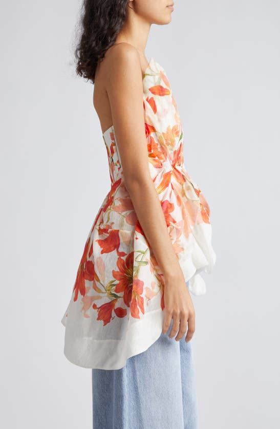 Shop Zimmermann Tranquility Floral Strapless Linen & Silk Peplum Top In Red Lily