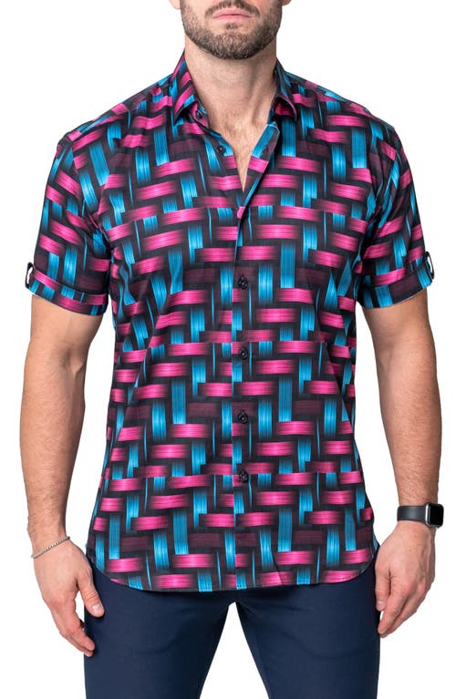 Maceoo Galileo Chain Multi Short Sleeve Contemporary Fit Button-Up Shirt in Blue Multi