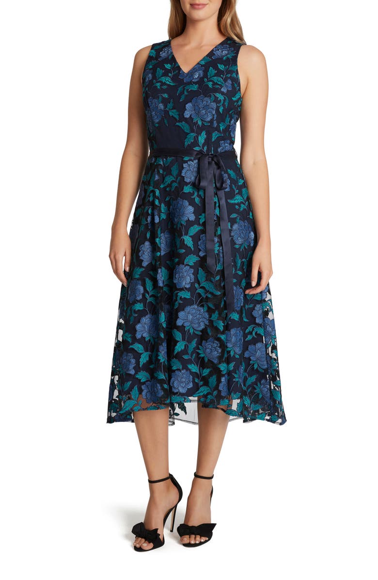 Tahari Sleeveless Floral Embroidered Tie Waist Midi Dress | Nordstrom