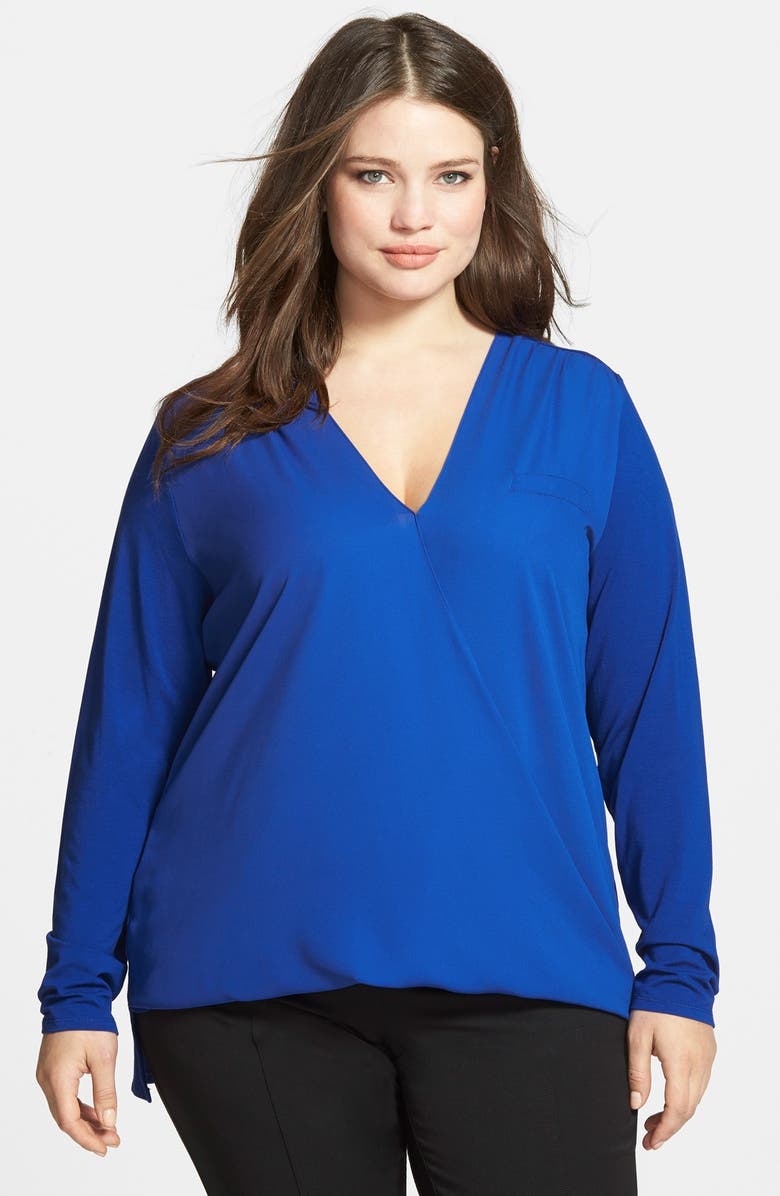 Vince Camuto Faux Wrap Mixed Media Top (Plus Size) | Nordstrom