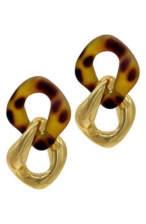 14K Gold Plate Tortoiseshell Resin Link Drop Earrings