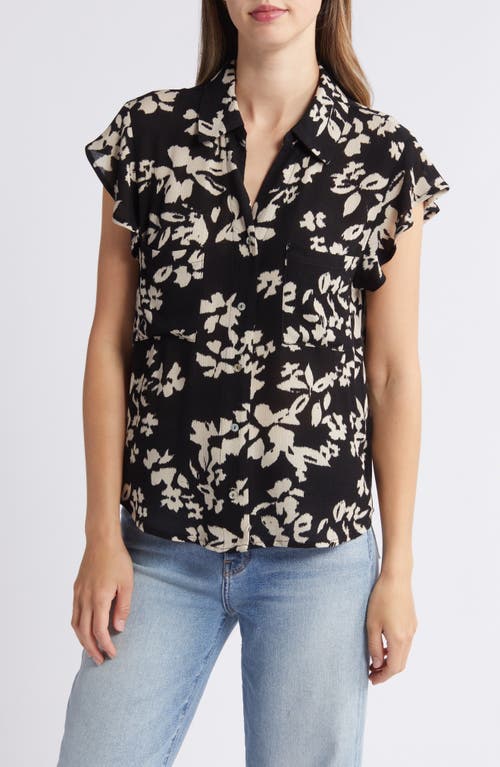 Bobeau Ikat Floral Short Sleeve Button-Up Shirt Black/Beige at Nordstrom,