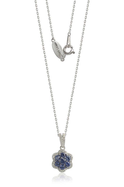 Sterling Silver Blue Sapphire & Lab Created White Sapphire Flower Pendant Necklace