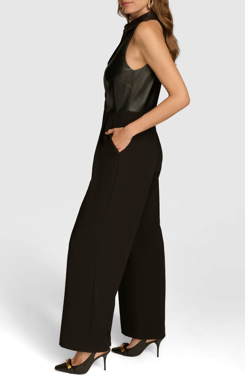 Shop Donna Karan New York Sleeveless Faux Leather Wide Leg Jumpsuit In Black/black