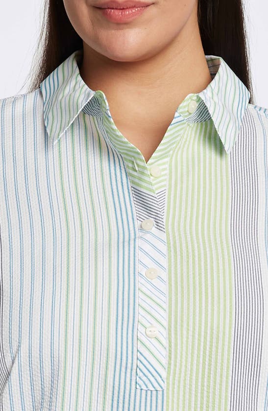 Shop Foxcroft Therese Stripe Split Back Cotton Seersucker Popover Shirt In Blue Multi