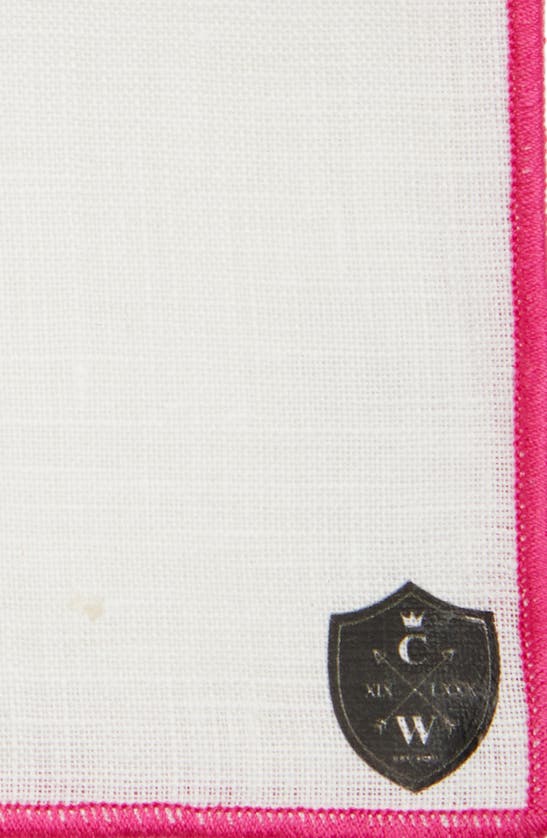 Clifton Wilson White Linen Pocket Square With Fuchsia Trim In Fuchsia