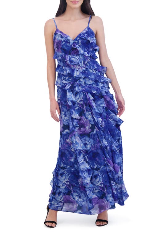 Eliza J Metalllic Fleck Floral Ruffle Dress Blue at Nordstrom,