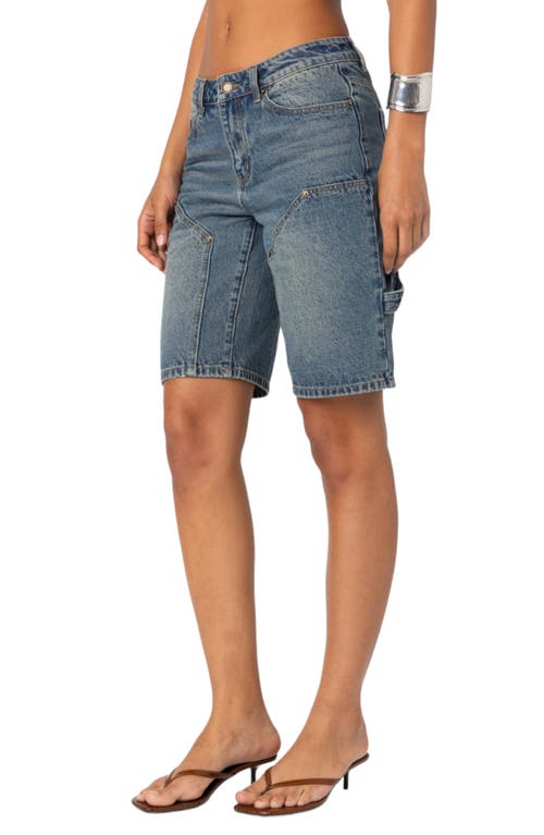 Edikted Low Rise Denim Carpenter Bermuda Shorts In Blue